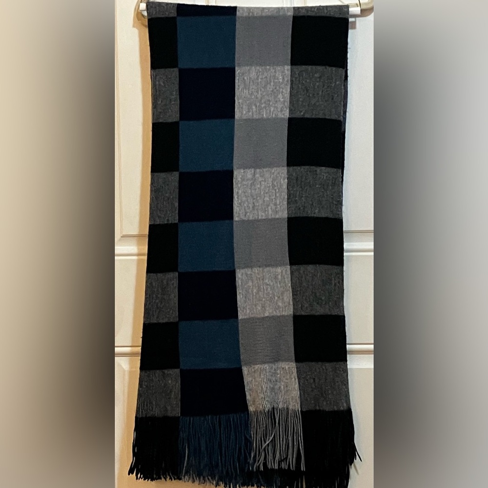 Dixie Check Fringe Scarf - Black, Navy, Teal and Gray - Oversize - Picture 2 of 2